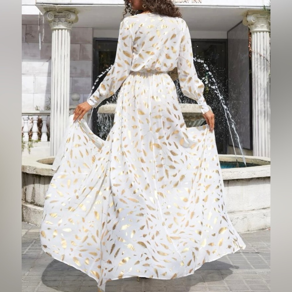 White gold feather printed dress!